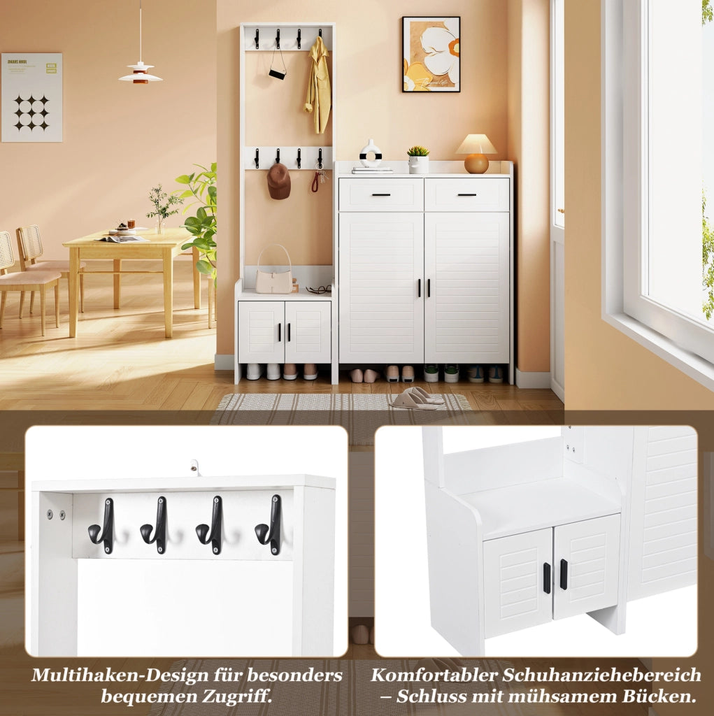 Guardaroba da ingresso bianco con scarpiera, 8 ganci e 2 cassetti