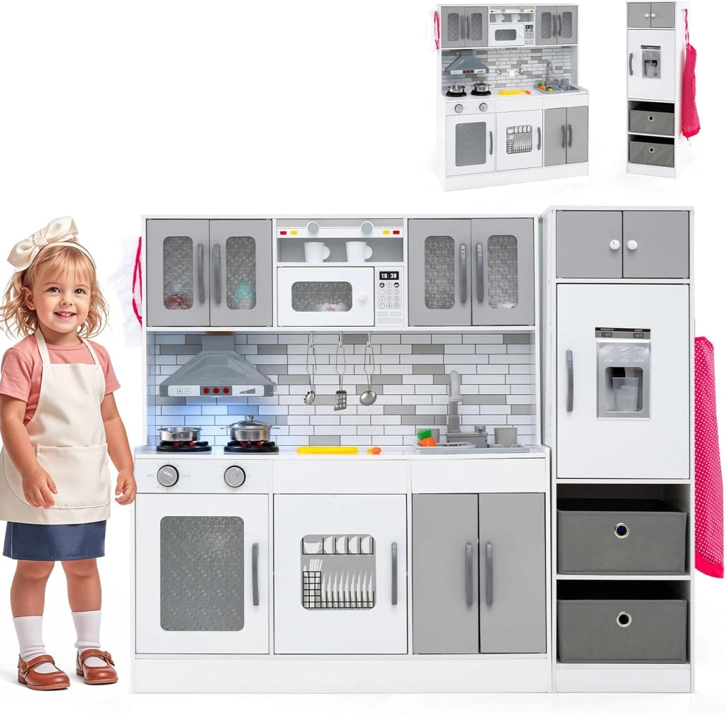 Cucina Giocattolo per Bambini, Set da Cucina in Legno con Luci e Suoni, Macchina del Ghiaccio, Cappa, Fornelli, Microonde e Lavastoviglie, per Bambini 3+ Anni, 118 x 29 x 100cm (Rosa)