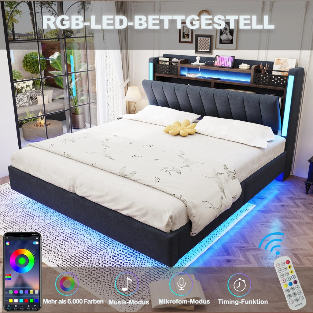 LETTO imbottito 140x200 cm Grigio con USB, LED e testiera con ripiani