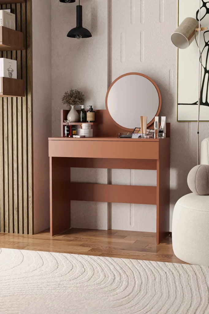 Comodino "Harmony Mini Round" con specchio in legno - 90 x 40 x 133 cm - Terracotta