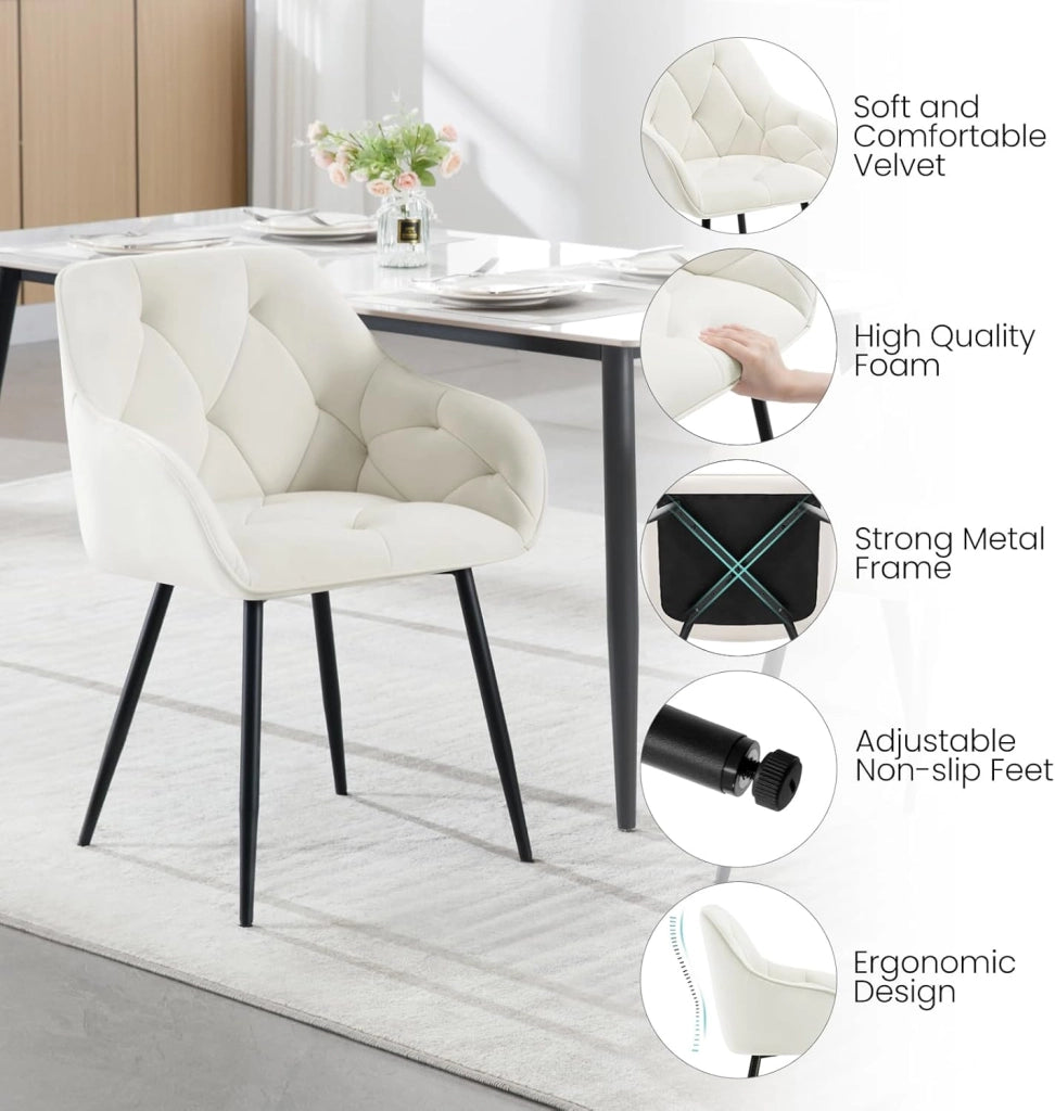 Set di 6 Sedie da Pranzo con Braccioli e Schienale, Sedie Cucina Moderna in Velluto, Poltrone da Salotto con Gambe in Metallo, Sedie ergonomiche per Ufficio, Bar, Cream, EZS02cm-6