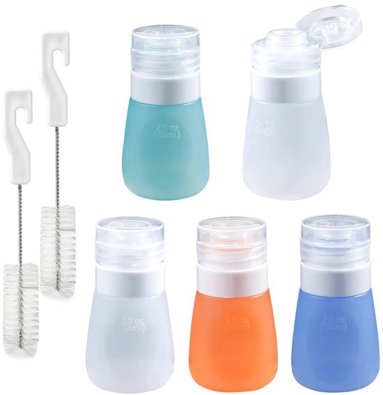 Contenitori da insalata da 2 oz per viaggio, 5-pack con bottiglie di saucette in silicone, 2 set di spazzole da pulizia, contenitori mini da viaggio impermeabili