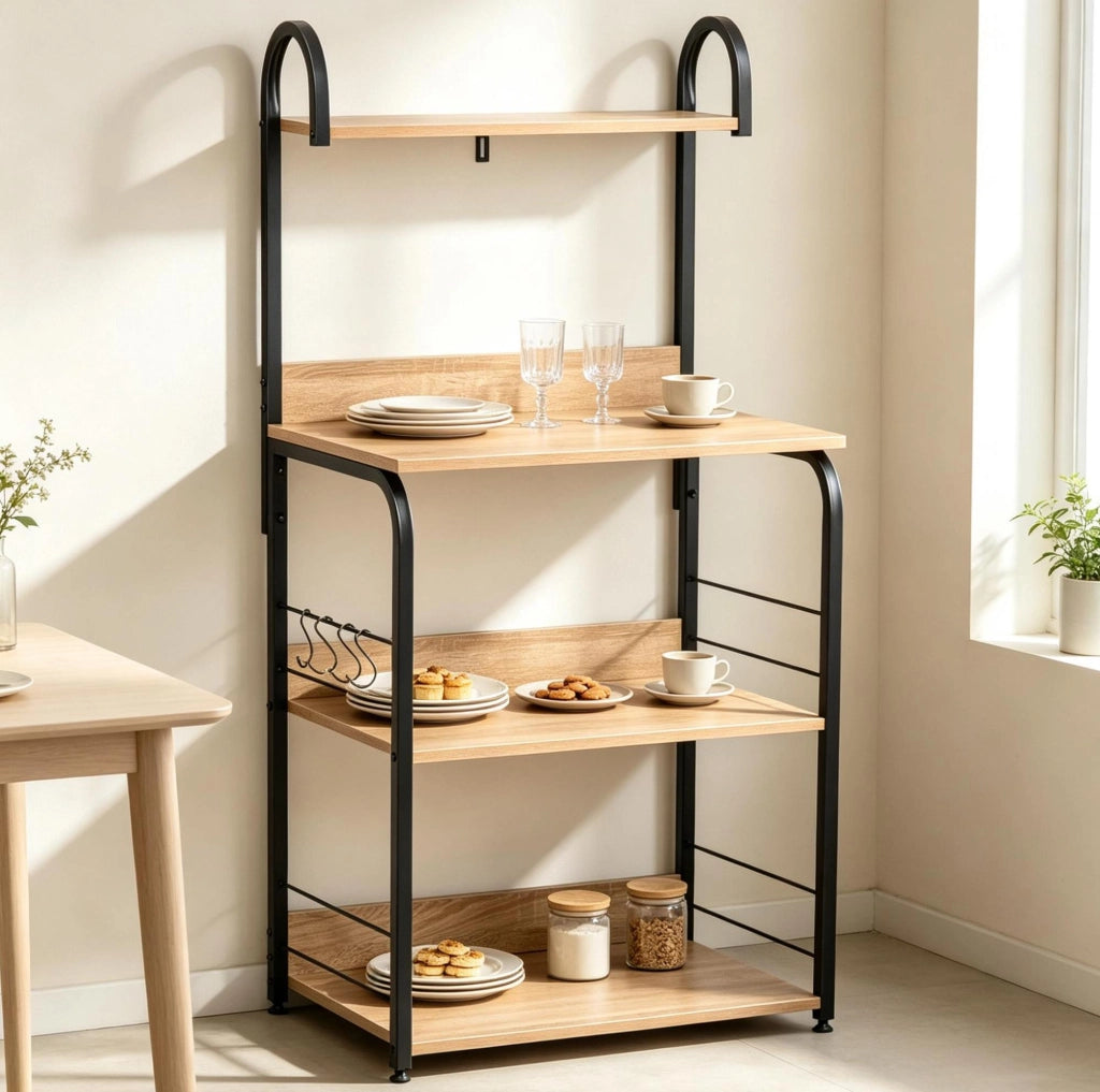 Scaffale da cucina a 4 livelli con ganci, nero e legno naturale