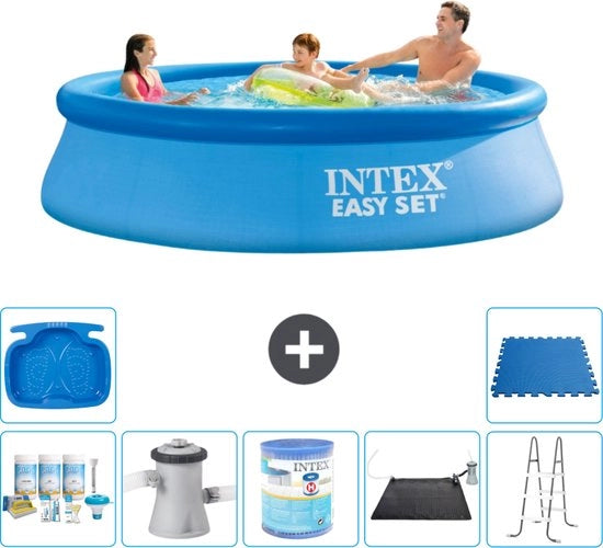 Piscina Rond Opblaasbar Easy Set - 305 x 76 cm - Blu - Inclusa Kit Manutenzione - Pomp Filtrazione - Filtro - Mat Matita Solare - Scalone - Vasca Pedali - Paviemento Piscina