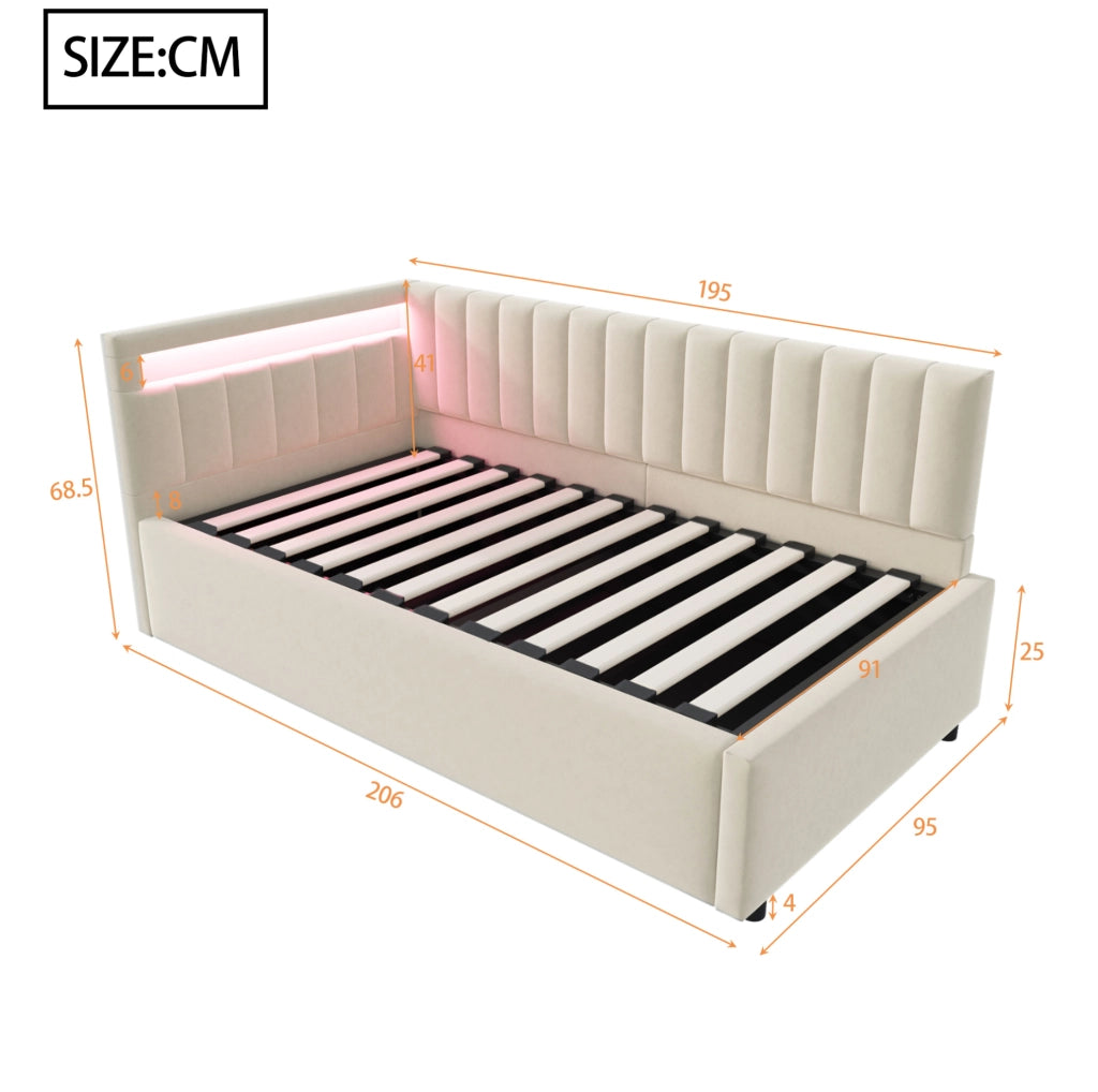 Letto singolo imbottito 90x200 cm con LED e vano contenitore beige