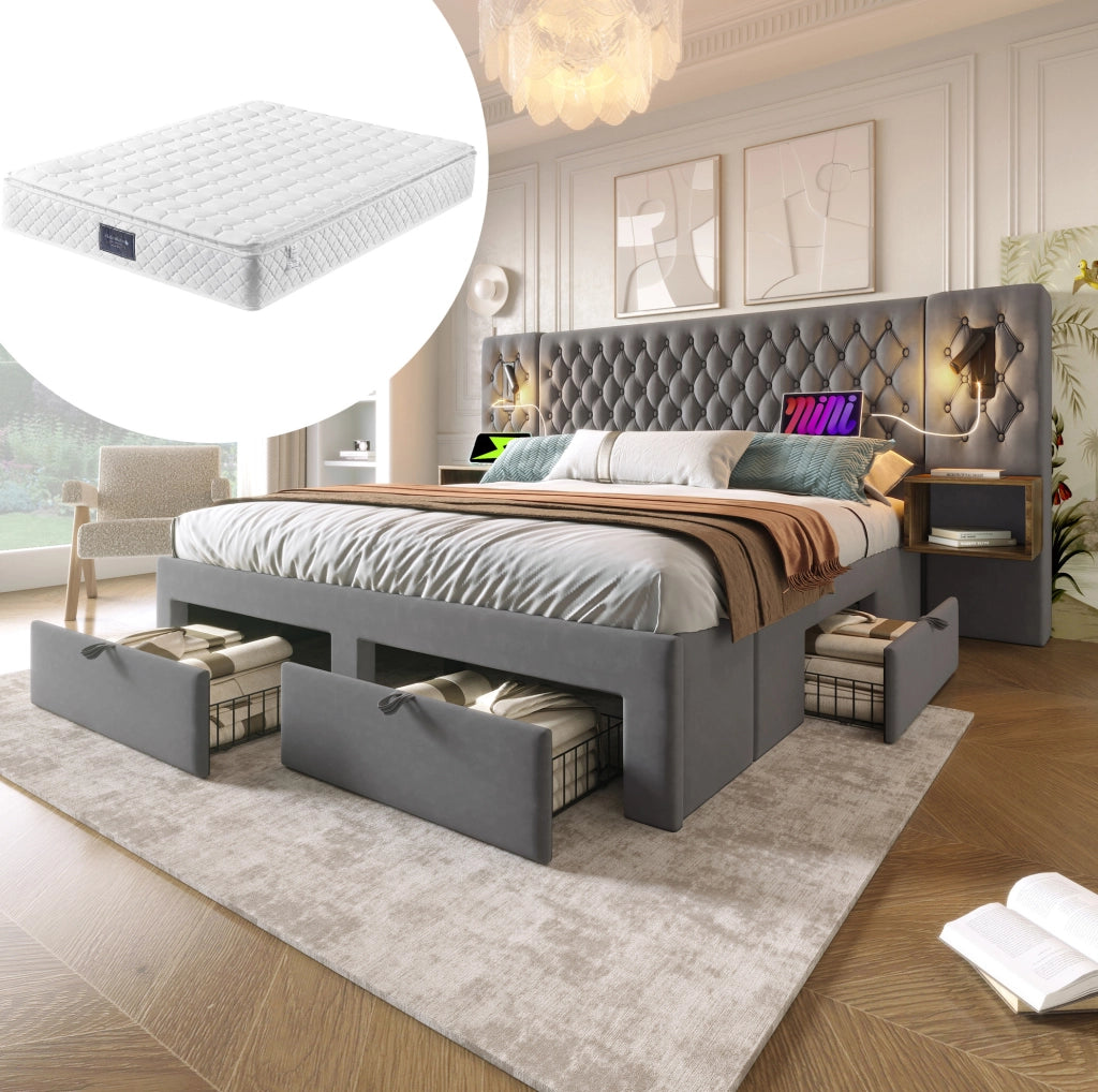 Letto matrimoniale 160x200 cm in velluto grigio con 2 comodini; 4 cassetti; luci lettura e presa USB Type C