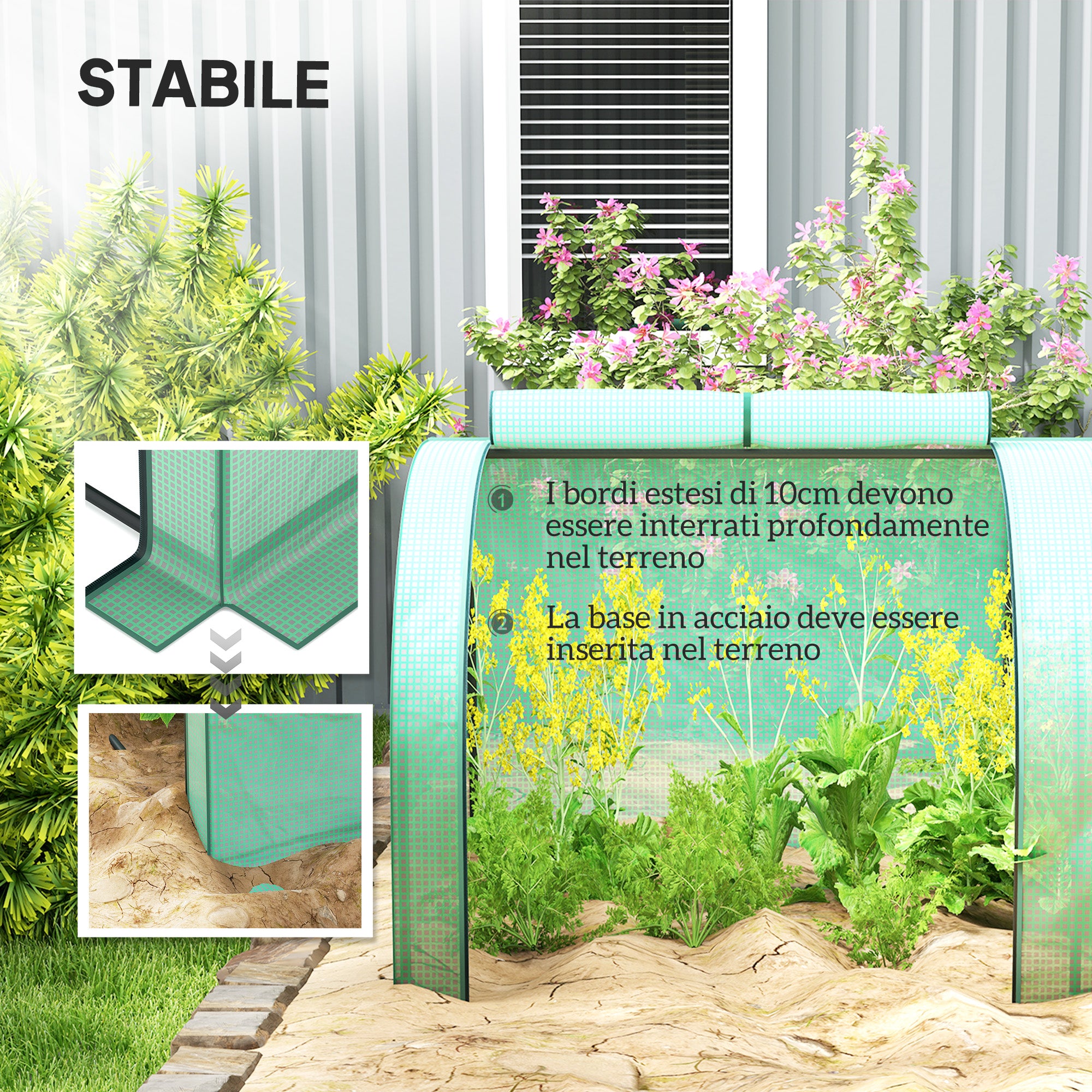 Serra a Tunnel 395x100x80 cm con 4 Porte in Acciaio e Plastica Impermeabile Anti UV Verde