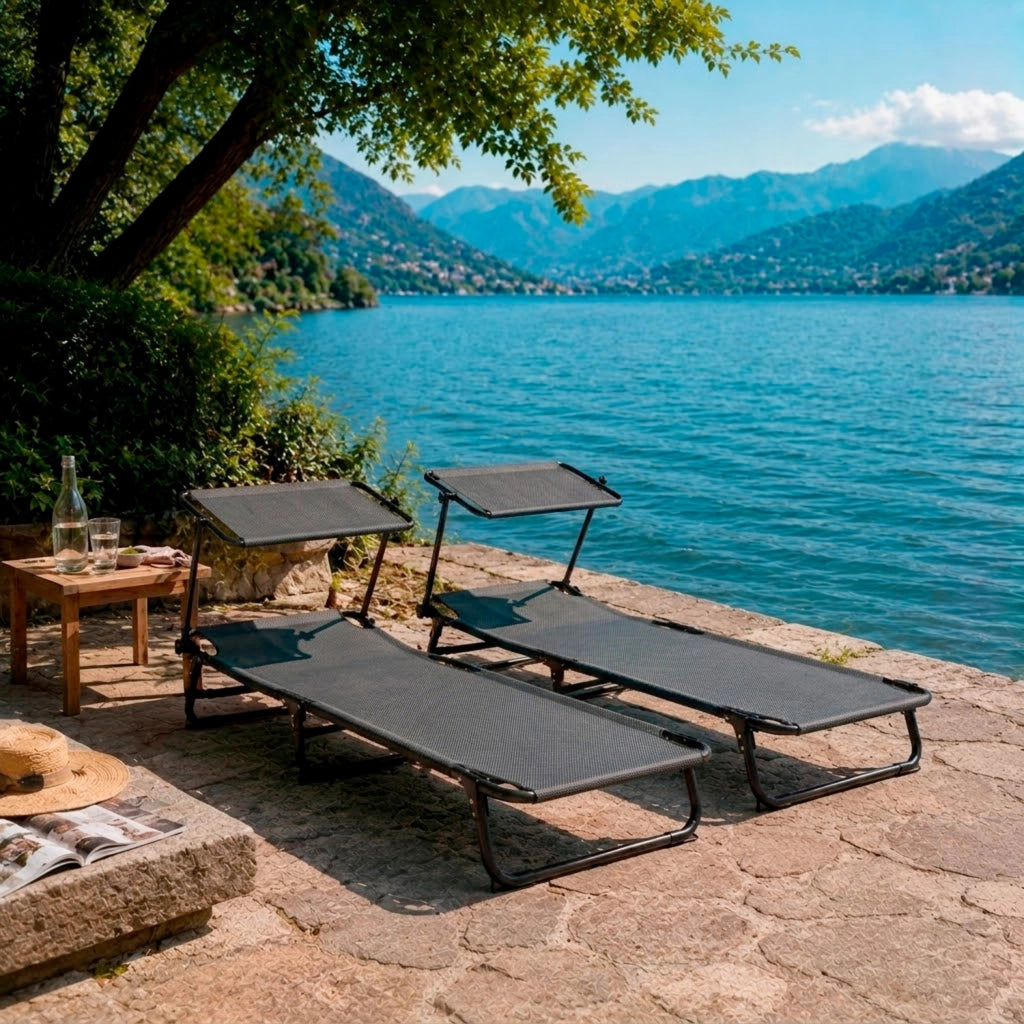 Set Di 2 Lettini Mare Pieghevoli Con Tettuccio Parasole Regolabile Schienale Reclinabile Sdraio Struttura In Acciaio Traspirante Ideali Per Spiaggia Giardino Campeggio Relax Estivo 24 x 187 x 53 Cm Grigio Scuro
