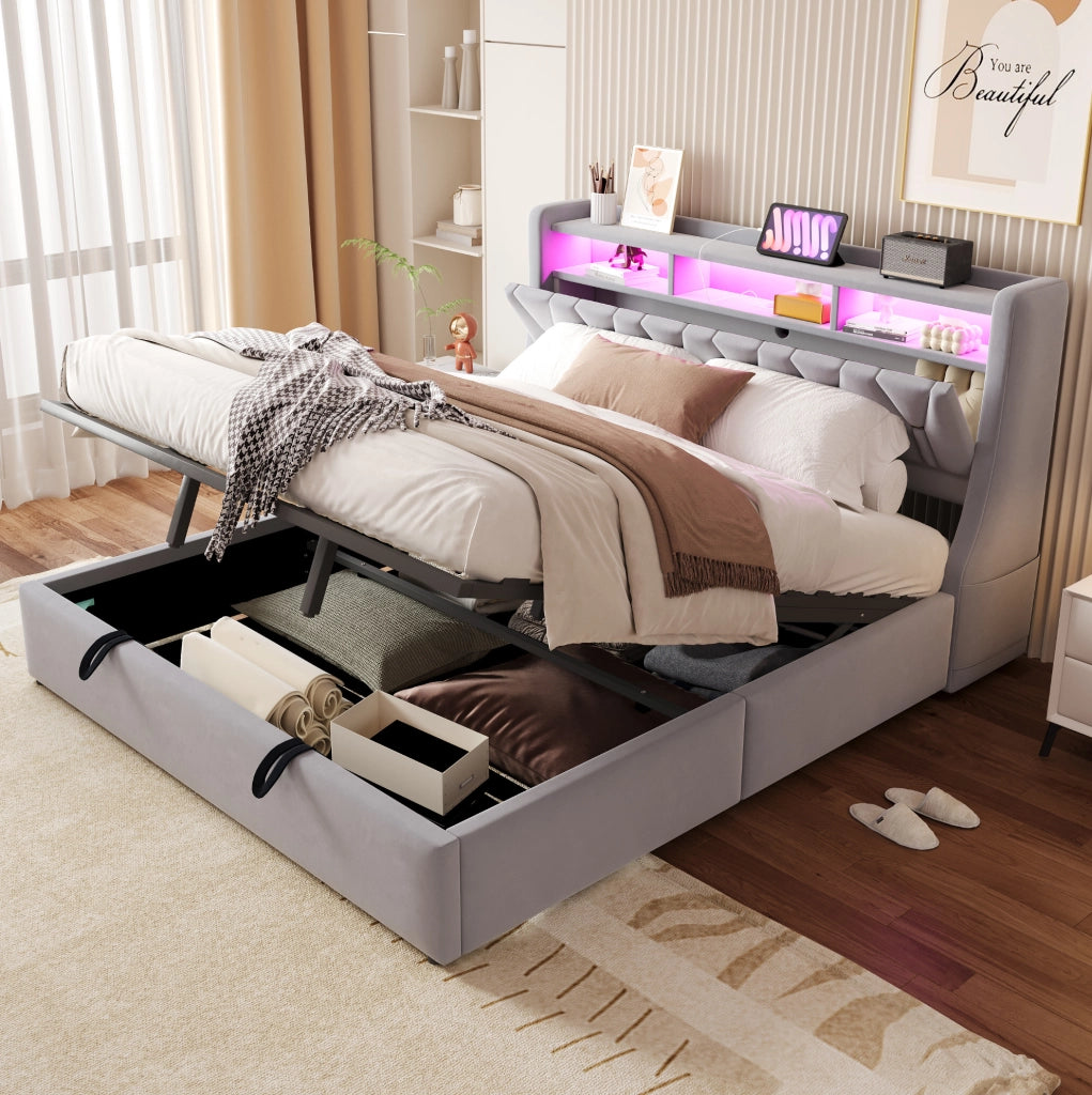 Letto imbottito grigio chiaro 180 x 200 cm con vano idraulico e LED
