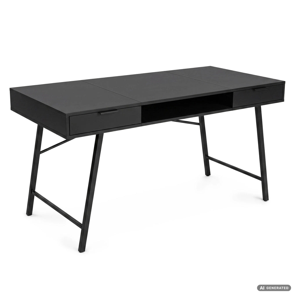 Scrivania industriale per computer Nera ARDEN 120 cm 2 cassetti 1 ripiano gambe nere