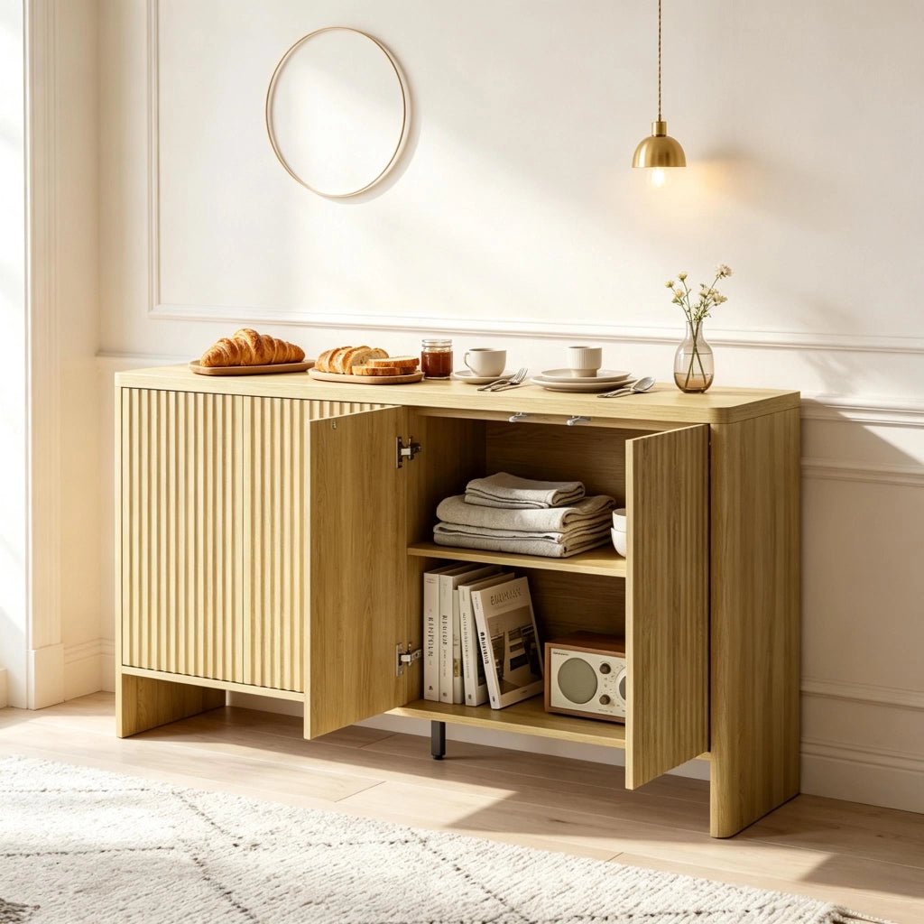 Credenza e madia con 2 ante e ripiani regolabili, finitura effetto rovere, per soggiorno e ingresso, 147 × 40 × 77 cm
