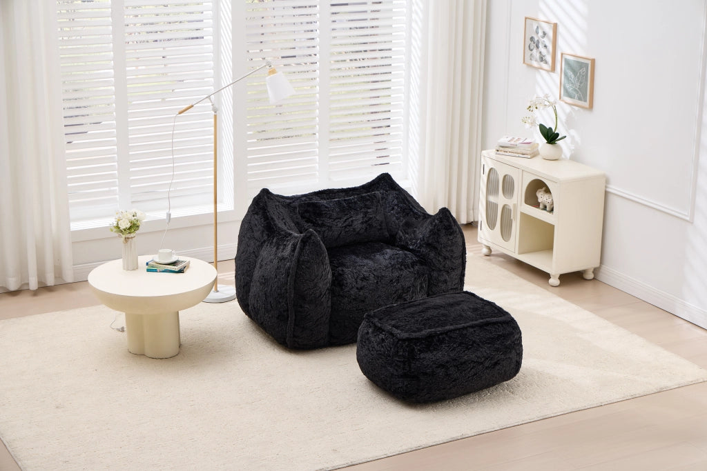 POLTRONA SACCO in Faux Fur Nera con Poggiapiedi