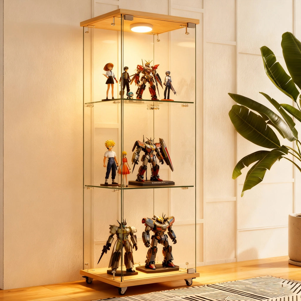 Vetrina in vetro con led e 1 anta, 3 ripiani, per soggiorno e camera da letto, natural, 124.5 × 49.0 × 11.7 cm