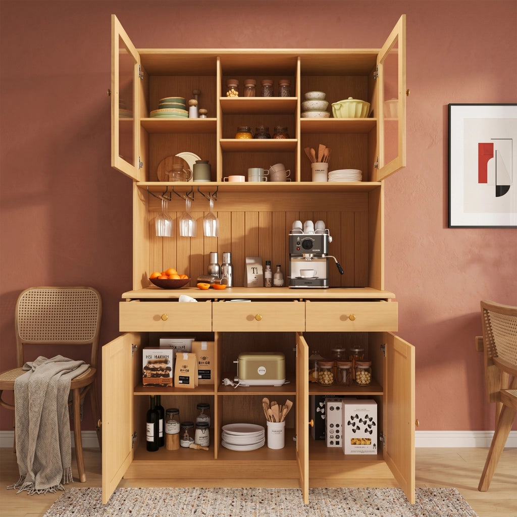 Buffet alto 120 x 40 x 191 cm con ante in vetro, portabicchieri, ripiani regolabili e prese USB, colore naturale