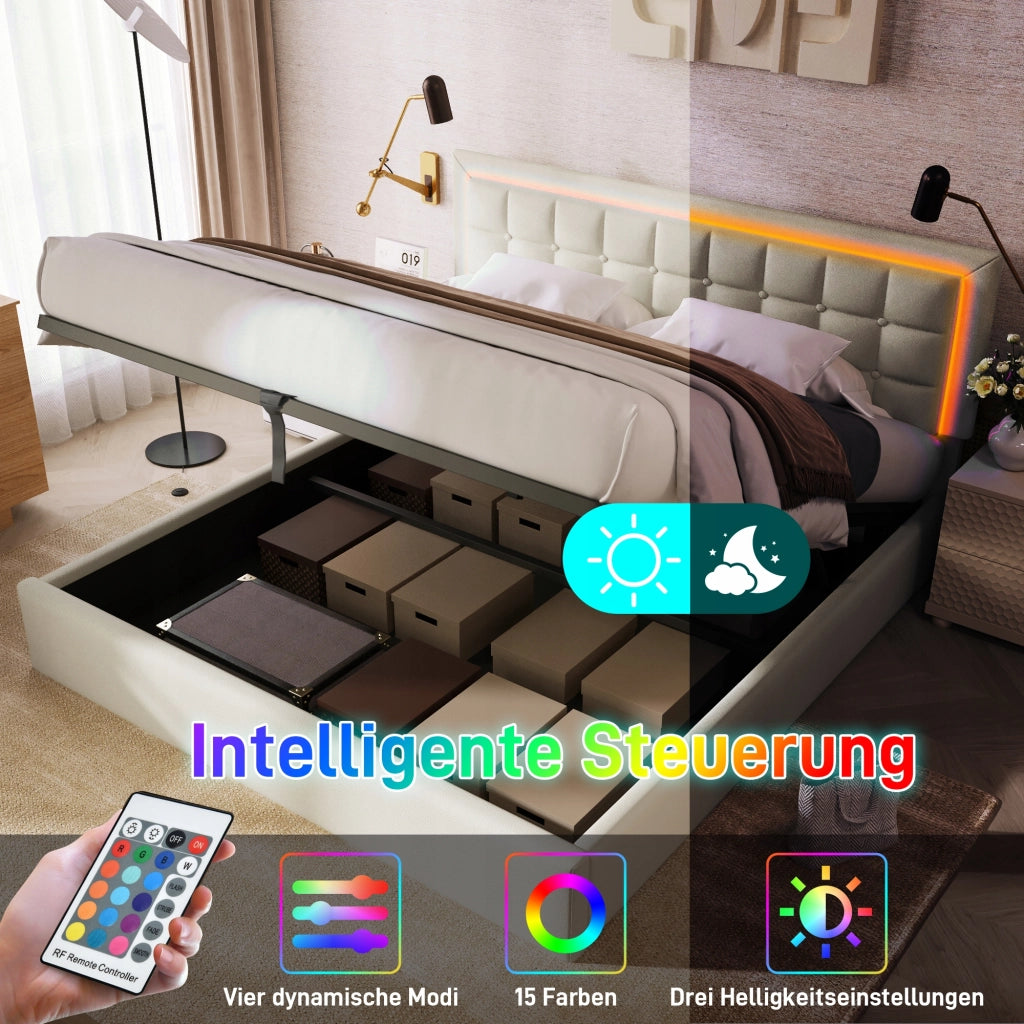 Letto imbottito con illuminazione LED - Xylo - 160x200 - Pelle sintetica bianca