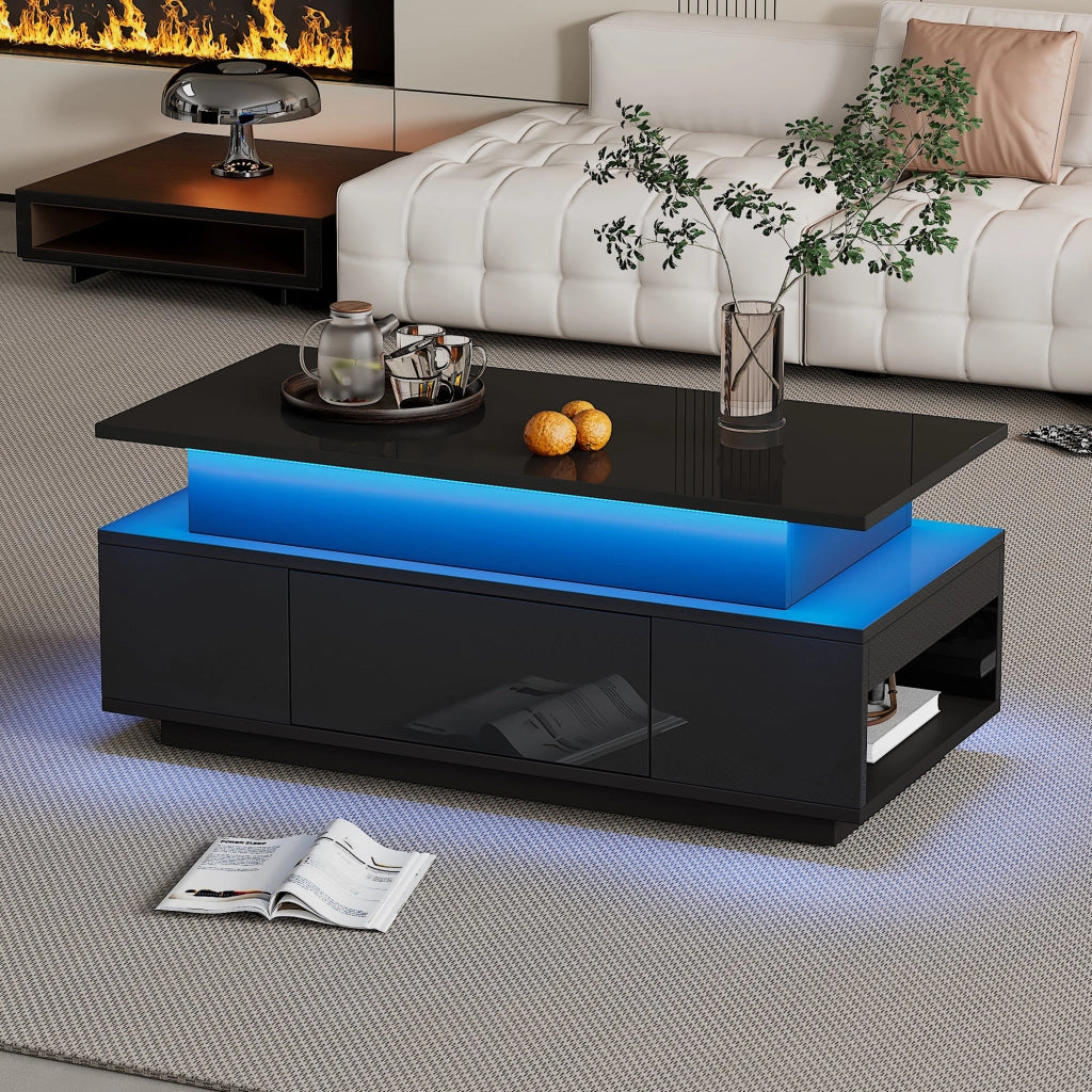 Tavolino Da Caffè Sollevabile con 1 Cassetto e Vano Nascosto; LED; Nero Lucido; in Pannello Truciolare; 96×45×40 cm