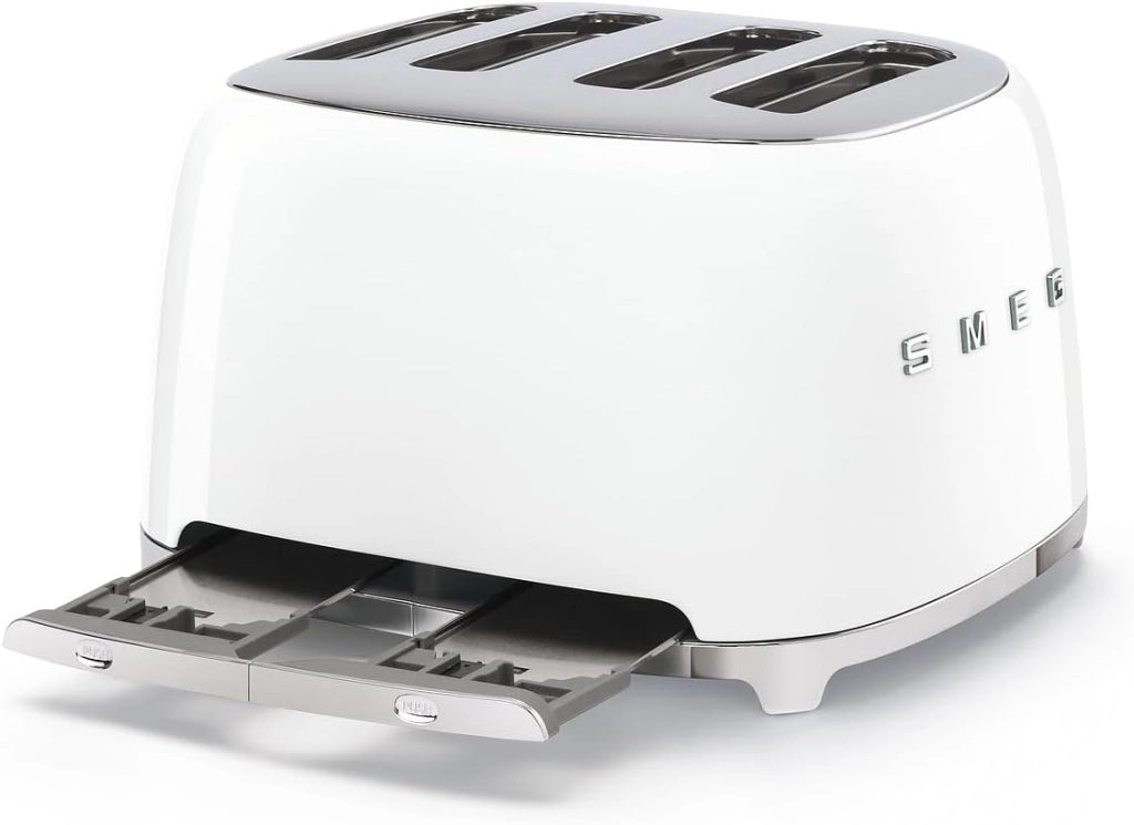 Smeg, tostapane 4x4 tsf03wheu, 4 scomparti per 4 fette, 6 livelli di doratura, funzione riscaldamento, scongelamento e bagel, espulsione automatica del pane, 2 cassetti raccoglibriciole, 2000w, bianco