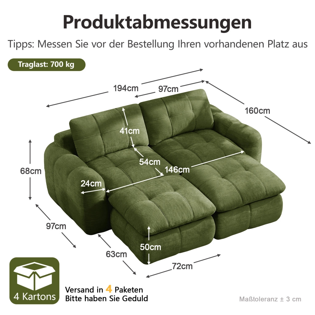 Divano modulare senza struttura in ciniglia con seduta ampia e morbida, 2 pouf, per soggiorno, verde 194 × 160 × 68 cm