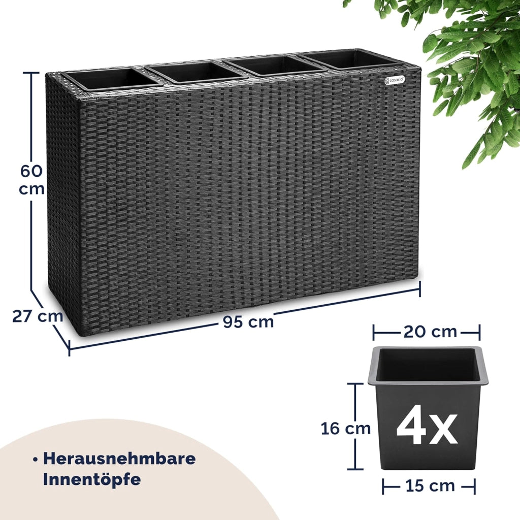 Fioriera Rettangolare 95x27x60 cm con 4 Vasi Interni in Polyrattan con Sistema di Drenaggio Fioriere Porta Vaso da Fiori Piante Divisorio Giardino Balcone Terrazza Nero