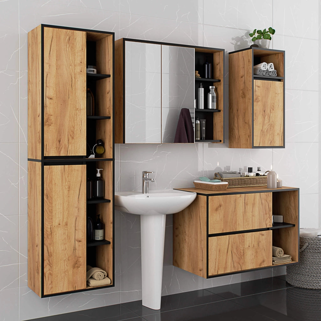 Pensile bagno con specchio VAMI Rovere Craft, Nero 90 cm 2 ante 90x15x75 cm