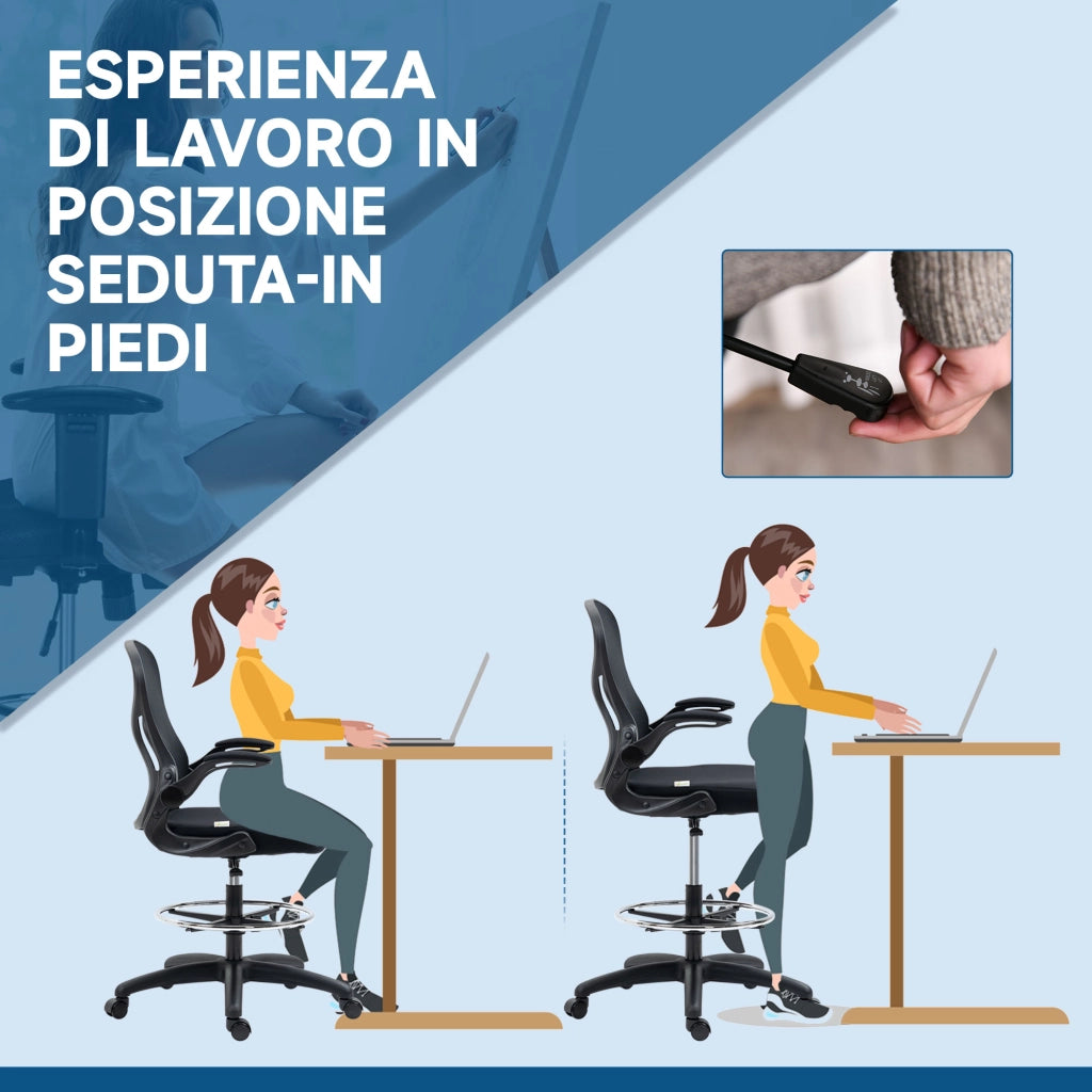 Sedia da Ufficio con Supporto Lombare, Altezza Regolabile e Braccioli Ribaltabili, 59x65x102-122 cm, Nero