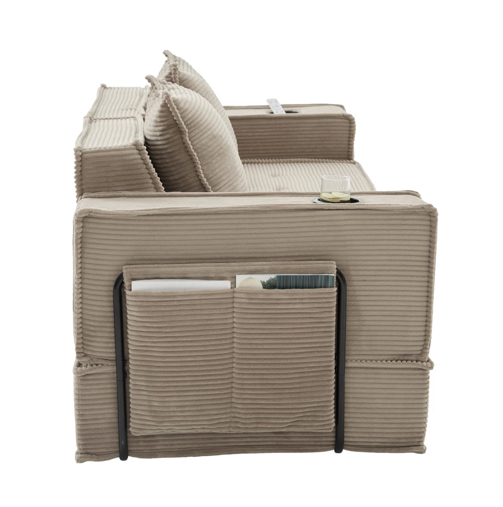 Divano pouf modulare in tessuto effetto corduroy color khaki; 162x78x66 cm; con 2 cuscini