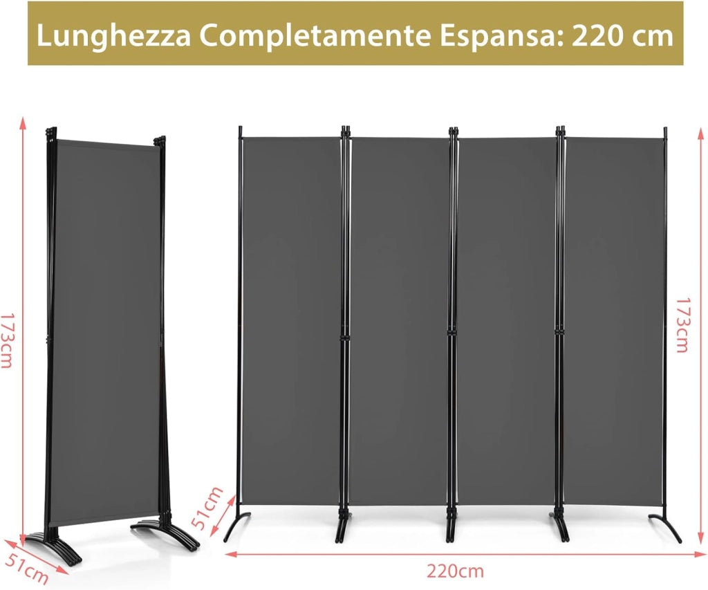 Paravento da Interno in Metallo, Separé Divisorio Interno Pieghevole con Piedini Stabili, Pannelli Divisori per Interni per Casa e Ufficio (Grigio, 220 x 173 cm (4 Pannelli))