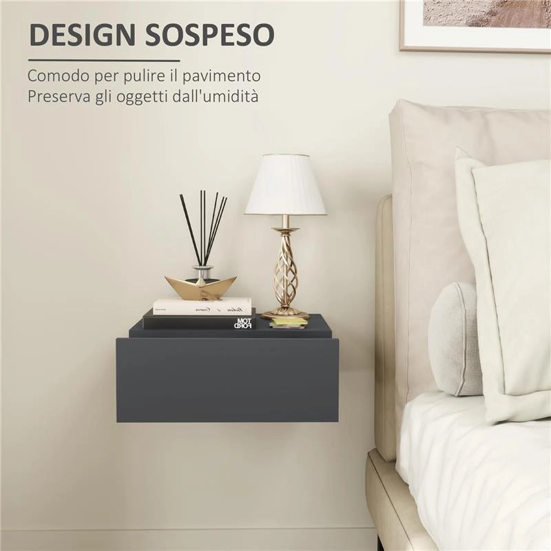 COMODINO SOSPESO MODERNO CON CASSETTO IN LEGNO 40X30X15 CM NERO