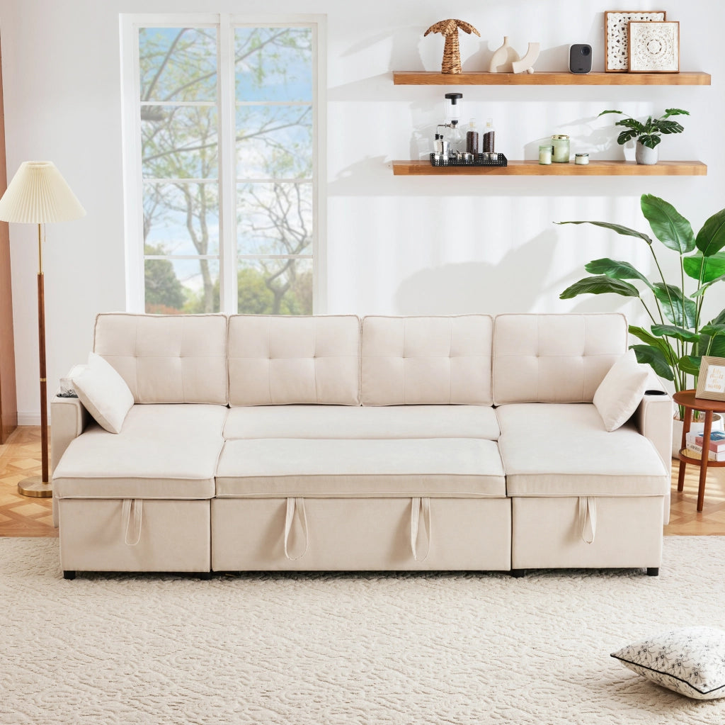 Divano letto a U 4 posti beige effetto lino con contenitori, portabicchieri e cuscini inclusi