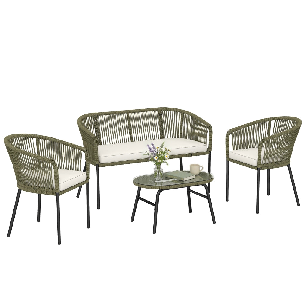Set Salotto Giardino 4 Posti Divano 2 Posti 2 Poltrone Tavolino Vetro PP Intrecciato Crema ¨C Xylo