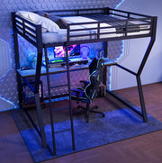 Letto a soppalco 140x200 cm con scrivania; LED e prese USB in metallo nero