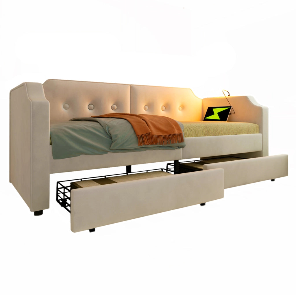 Letto 90x200 cm con USB Type-C; lampada da lettura e 2 cassetti in velluto beige