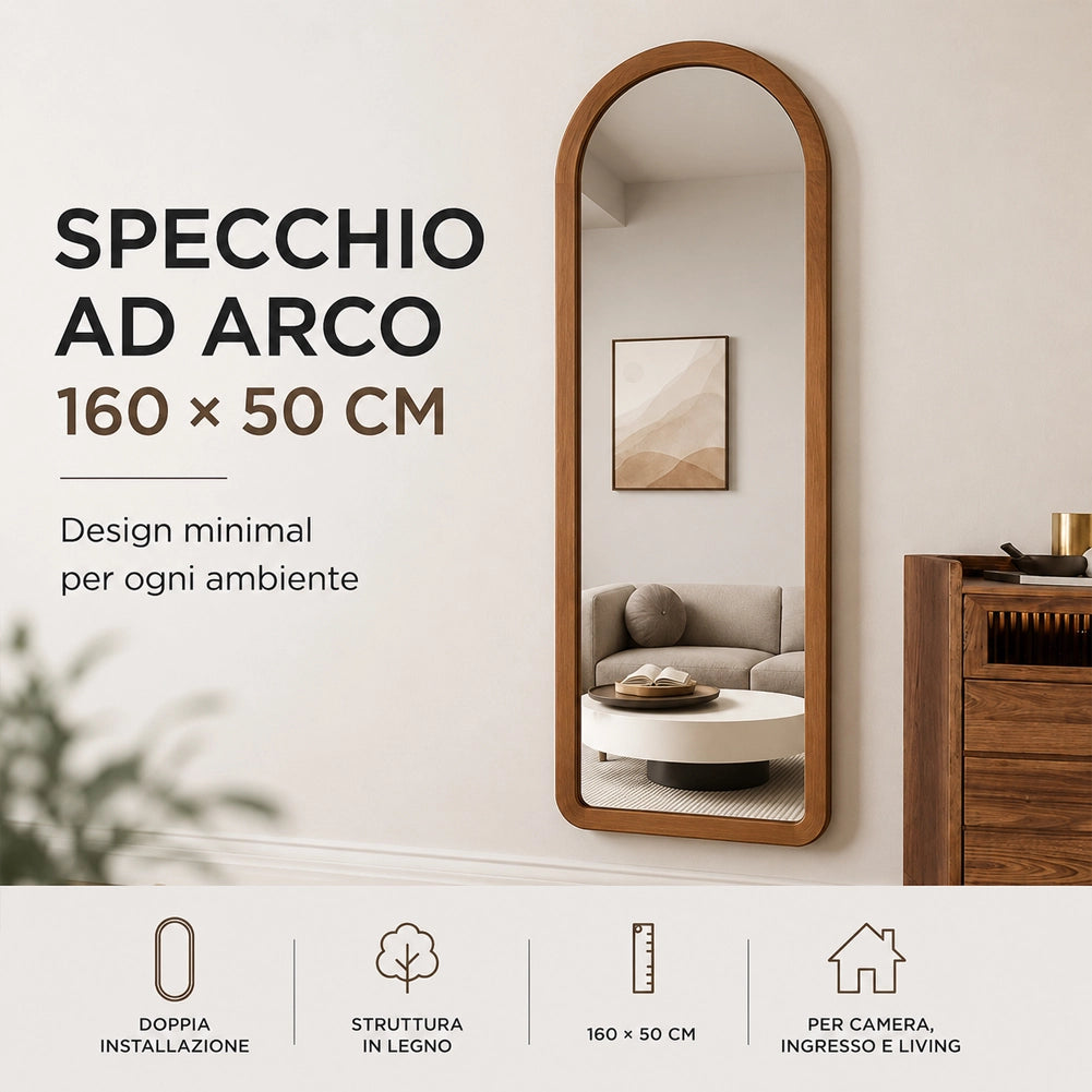 Specchio Arco Doppia Installazione Rovere Parete o Indipendente Moderno 160x50cm