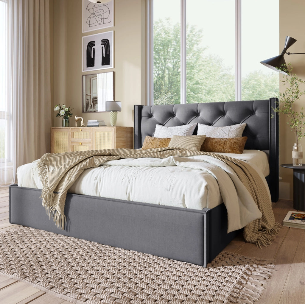 Letto imbottito idraulico 140x200 cm grigio con vano contenitore