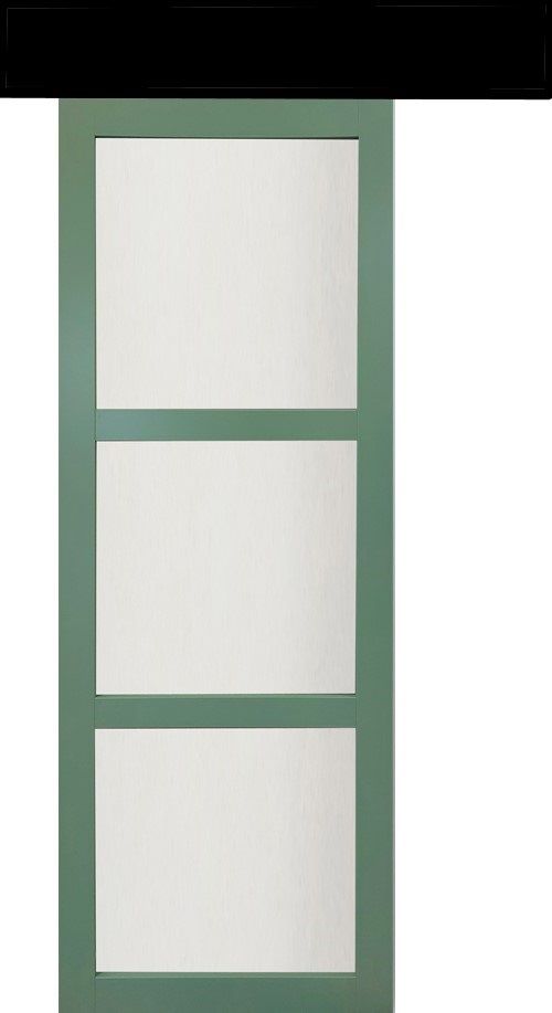 Porta Scorrevole Verde Ral 6021 Vetrata H204 x L73 + Binario Alluminio Nero e 2 Gusci Neri
