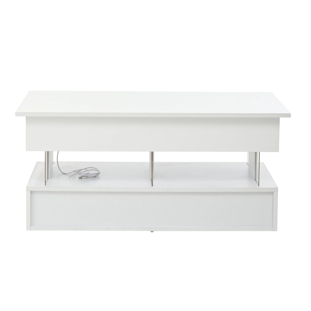 Tavolino basso sollevabile con LED, 2 cassetti e vano nascosto, per soggiorno, 100 × 50 × 46 cm, in MDF, bianco