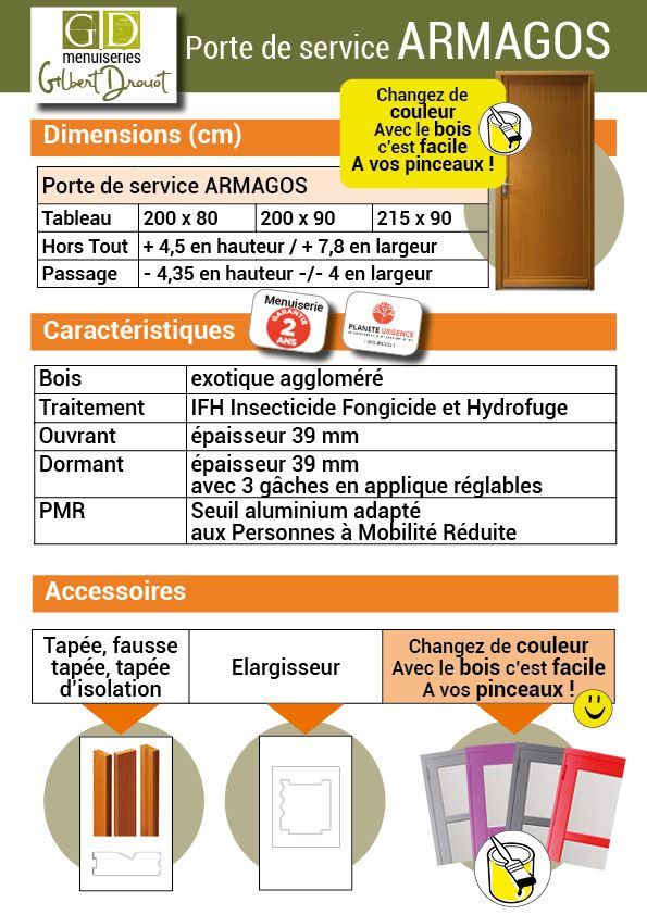 Porta di servizio Armagos interamente in legno, H.200xl.90 p. destra + Dimensioni maniglia e canna (rif 01245F924) Tabella senza maniglia