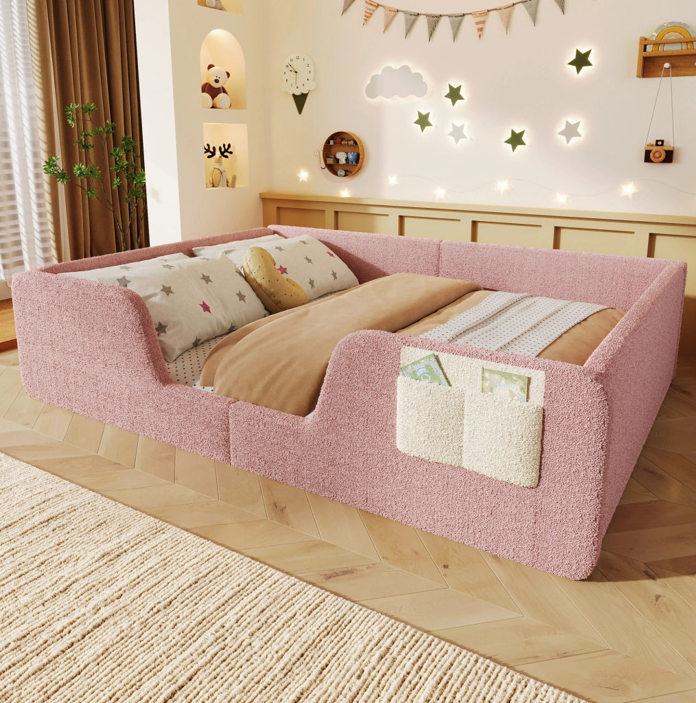 Letto imbottito per bambini 140x190 cm in velluto rosa con sponde removibili