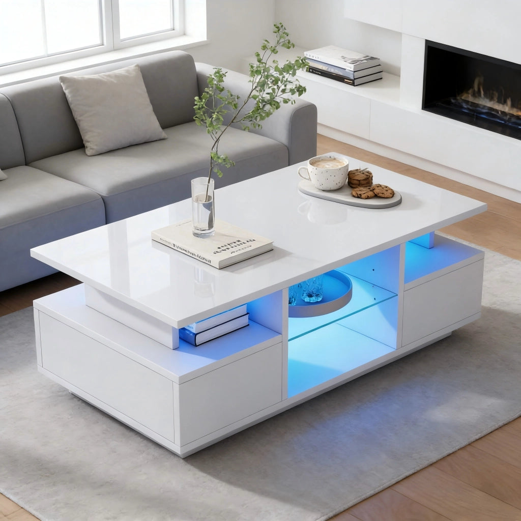 Tavolino basso con 2 cassetti e ripiani in vetro con LED bianco lucido 100 × 50 × 36 cm