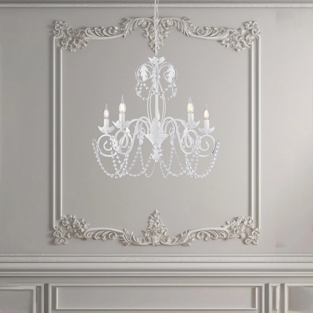 Lampadario Shabby Damasco 5 Luci Ferro Battuto Bianco E Cristalli