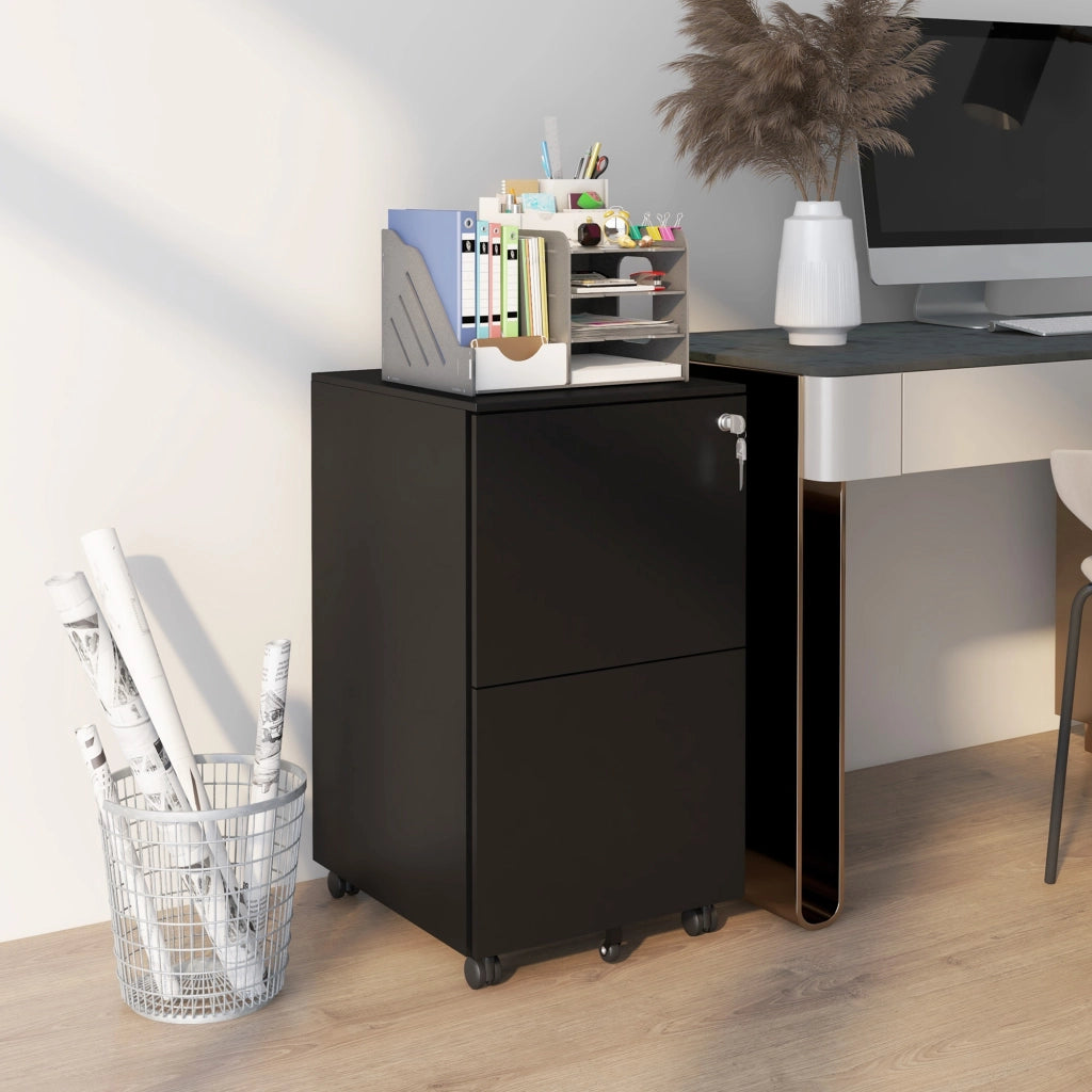 Mobiletto portadocumenti nero con ruote, dotato di 2 cassetti con serratura e rotelle in acciaio, dimensioni 37x43,5x67,5 cm, ideale per ufficio e