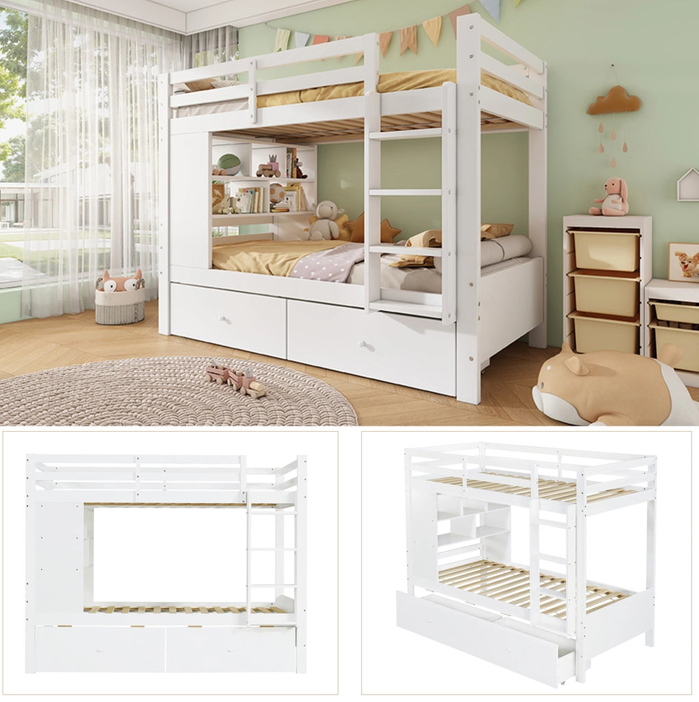 Letto a castello 90x200 cm bianco con cassetti e libreria