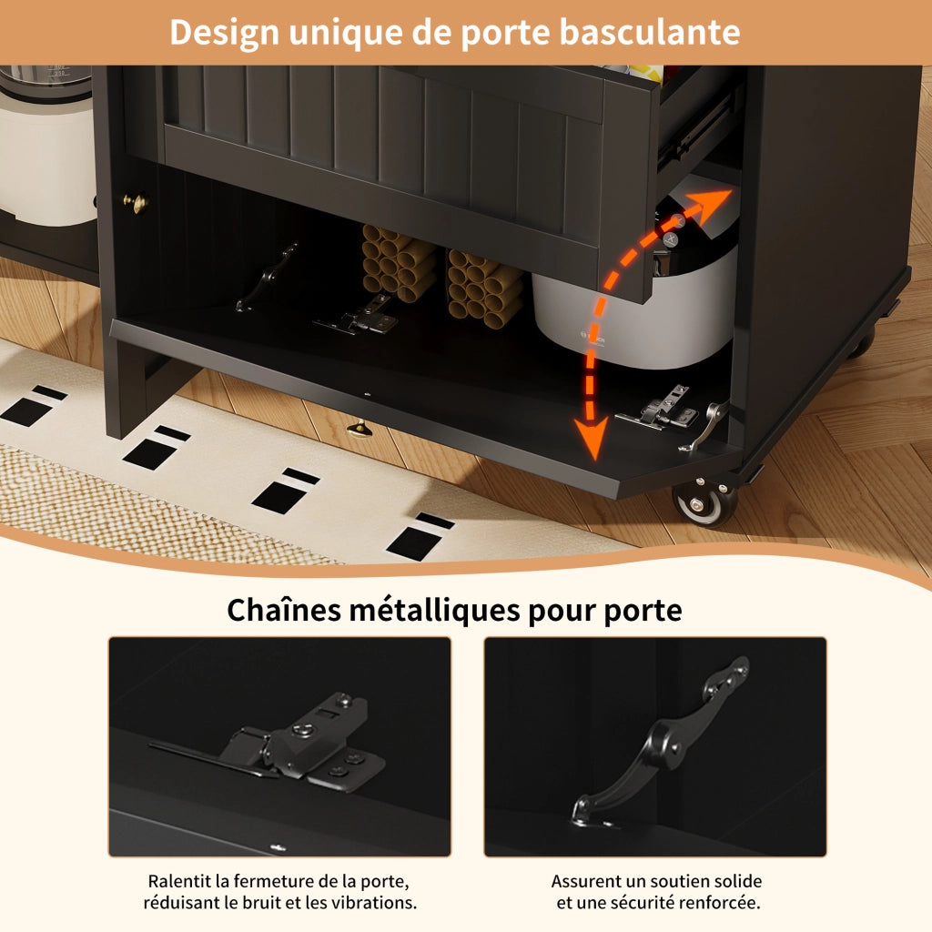 Carrello da Cucina con Piano Ribaltabile; Ruote e Piedini Regolabili per Cucina e Sala da Pranzo in MDF Nero