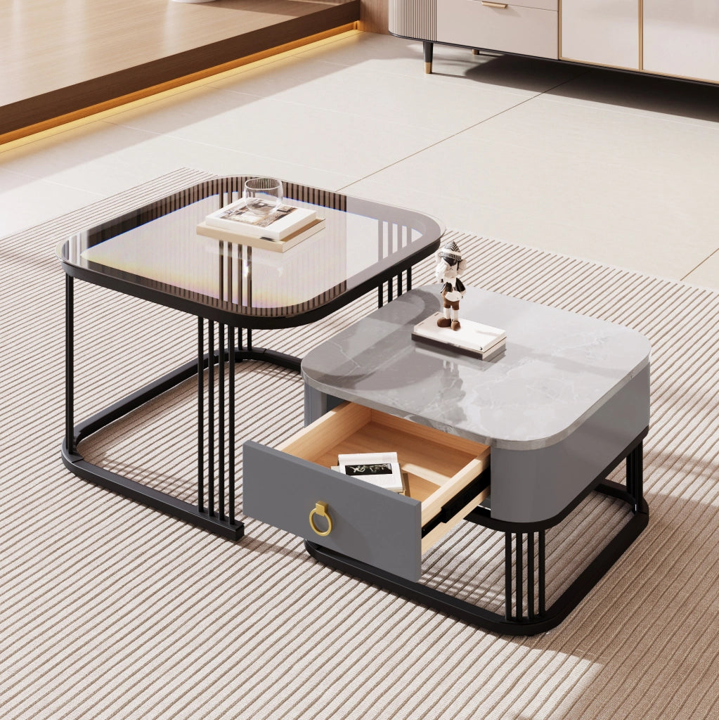 Set di 2 tavolini da caffè componibili in MDF nero; con 2 cassetti e piani effetto marmo e vetro