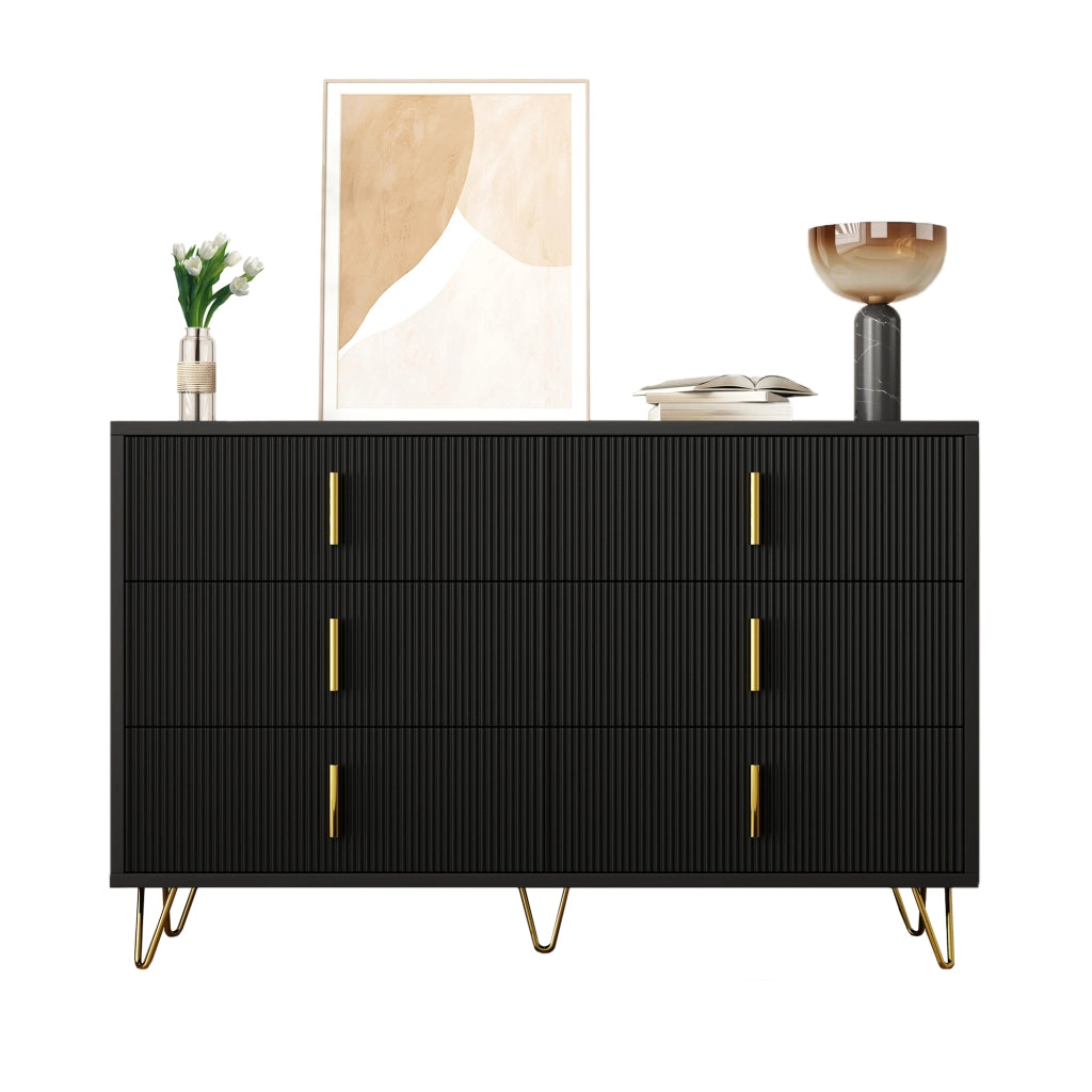 Credenza moderna 120x40x77 cm con sei cassetti; struttura in truciolare nero e oro