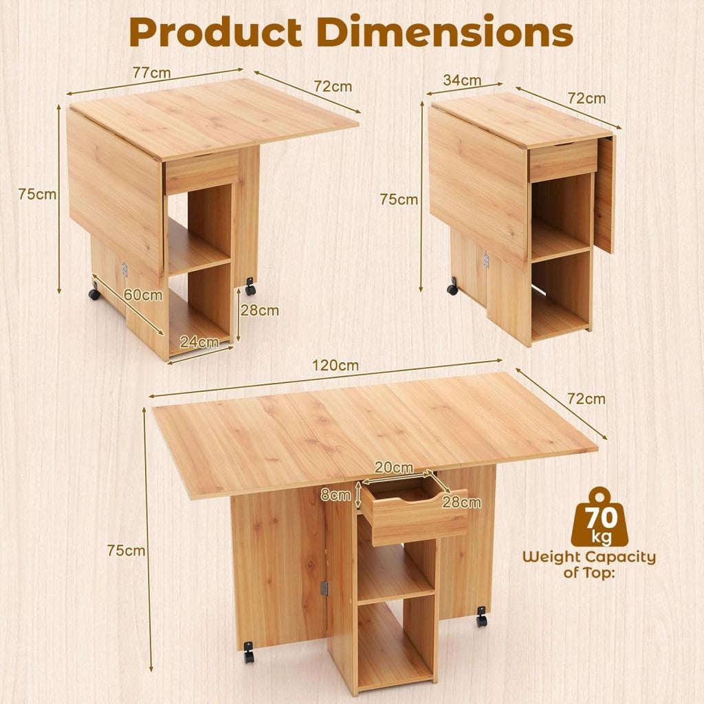 Tavolo Pieghevole da Cucina, Tavolo da Pranzo Piccolo Pieghevole con 2 Ruote, Tavolo da Cucina Mobile con 1 Cassetto e 2 Ripiani, Tavolo da Pranzo in Legno