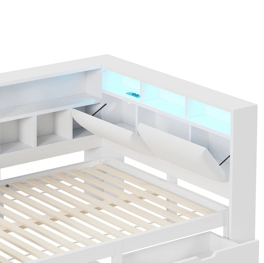 Letto a piattaforma L 140x200 cm con scrivania; libreria; LED e USB; bianco