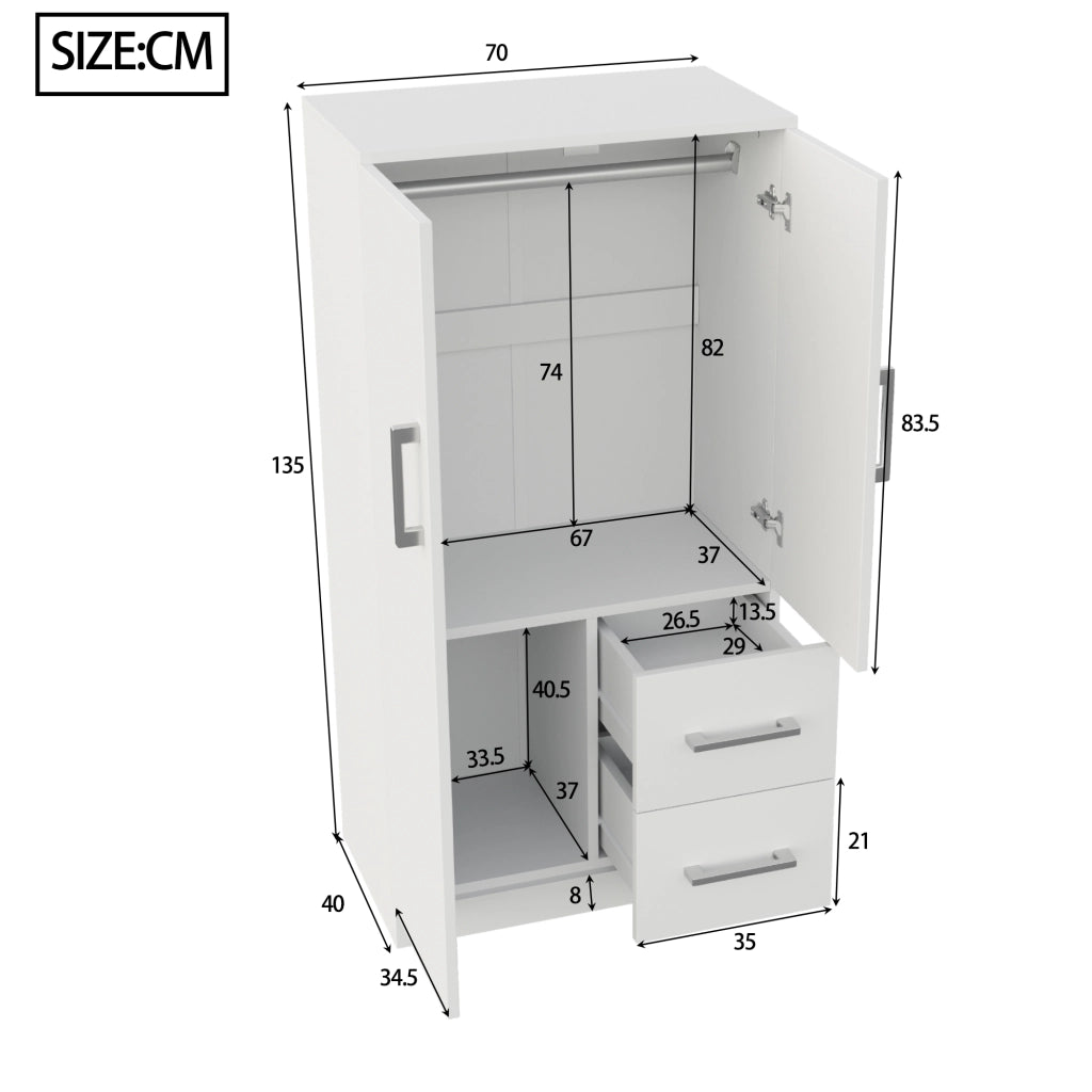 Armadio con 2 ante e 2 cassetti, vano contenitore, per camera da letto, bambini e ragazzi, in legno, bianco, 70 × 40 × 135 cm