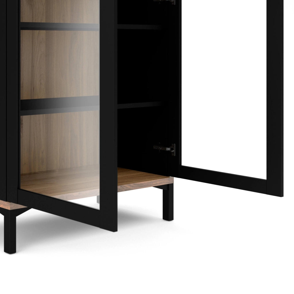 Vetrina Hudhud, Credenza espositiva, Vetrinetta multiuso, Madia da soggiorno, 89x36 h203 cm, Nero e Noce