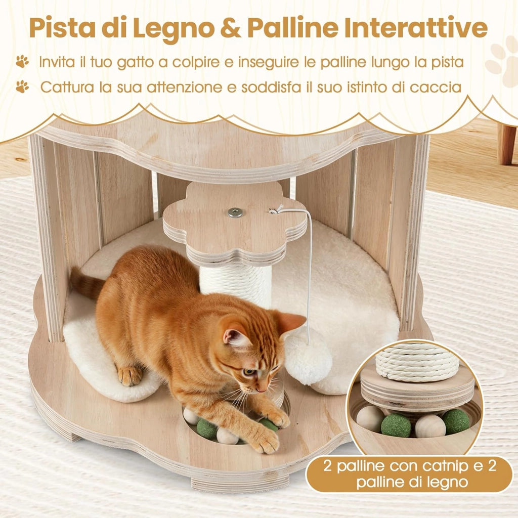 Albero per Gatti Alto 74 cm, Tiragraffi per Gatti in Legno con Condo, Capsula Spaziale, Tiragraffi, Gioco Interattivo con Pista per Palline in Legno, Pallina Appesa e Tappetino Lavabile